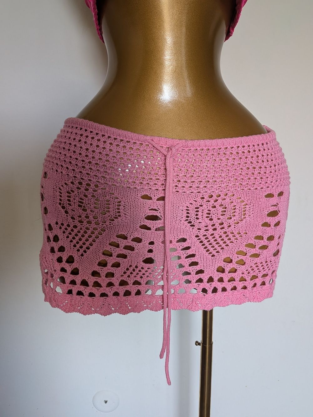 Pink Crochet Knit Mini Skirt Heart Pattern Open Weave Swim Cover Up Size M
